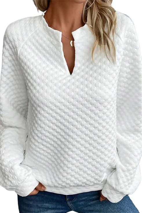Split Neck Quilted Long Sleeve Top